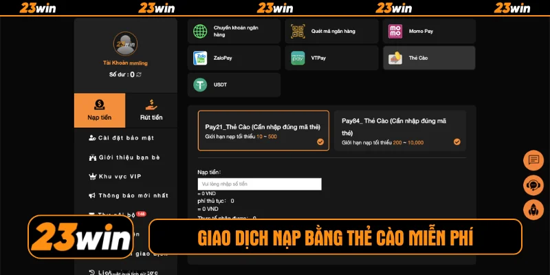 Giao dịch nạp bằng thẻ cào miễn phí