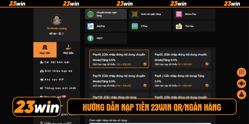 Hướng dẫn nạp tiền 23WIN QR/ngân hàng